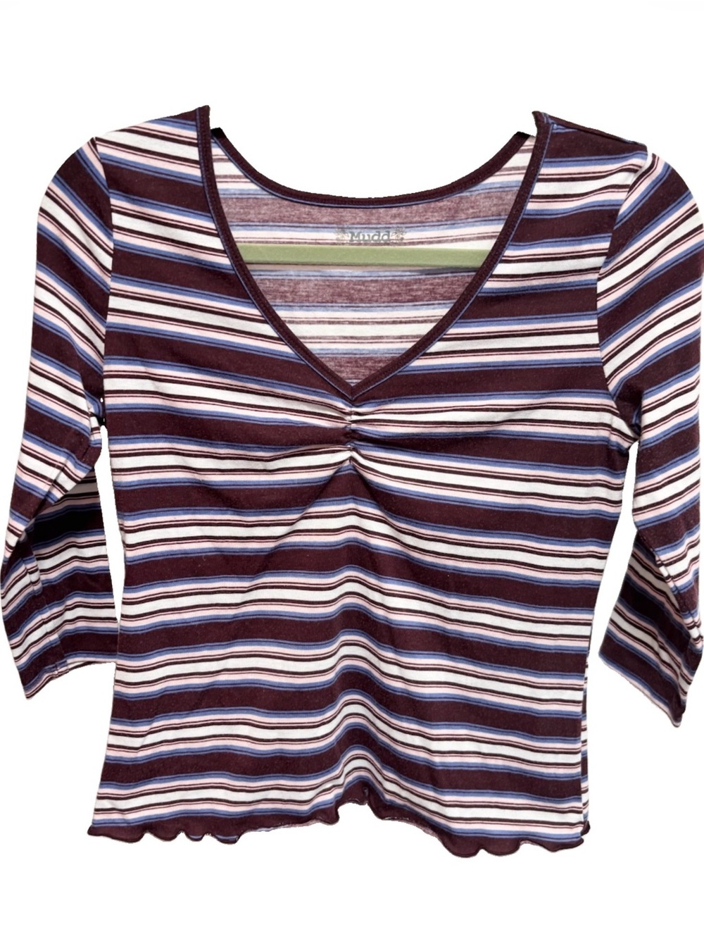Mudd Striped V-Neck Long Sleeve Top in Burgundy , Blue and White